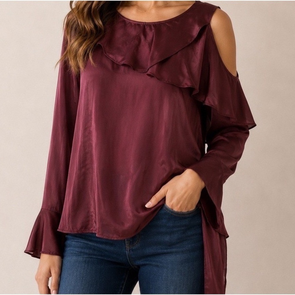 Gold Hawk Burgundy 100% Silk Cold Shoulder Ruffle Blouse Top Womens Size M NEW